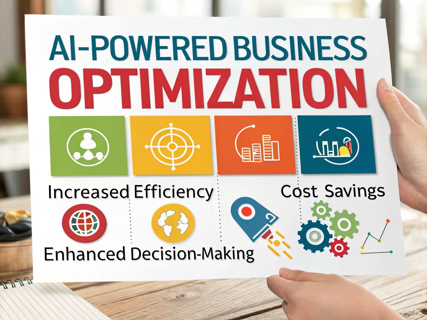 An infographic illustrating the benefits of AI-driven process optimization in property management, showcasing reduced costs and increased efficiency.